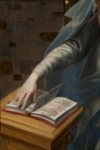 Anbetung der Heiligen Drei Könige, Triptychon, rechte Tafel Rückseite, Detail, Malerei auf Holz von Maarten de Vos