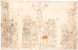 Vorstudie zu einem dreiflügeligen Altarbild, das die Kreuzigung darstellt von Maarten van Heemskerck