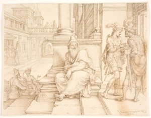 Mordechai belauscht den Verrat von Bigtan und Teresch von Maarten van Heemskerck
