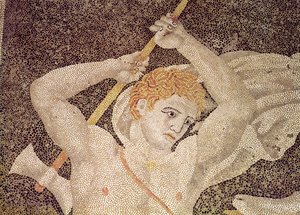 Die Hirschjagd, Detail eines Jägers, aus dem Haus der Entführung der Helena von Macedonian School