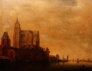 Groote Kerk mit Blick auf den Hauptturm, Emmerich in einer Flusslandschaft mit Segelbooten von Maerten Fransz van der Hulst
