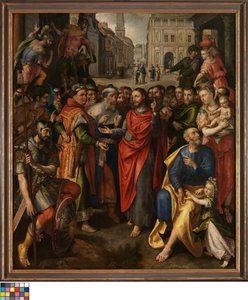 Der Zollpfennig (Matthäus 17:24-27; links), der Zinsgroschen (Lukas 20:21-26; Mitte), das Gleichnis von der armen Witwe (Markus 21:41-44; rechts) (Altar der Münzprägerzunft)