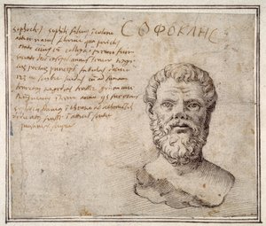 Antike Büste des Sophokles, annotiert, nach Fulvio Orsini von Maerten van Heemskerck