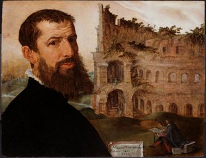 Selbstporträt mit dem Kolosseum, Rom von Maerten van Heemskerck