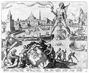 Der Koloss von Rhodos, Tafel 4 aus Die Acht Weltwunder, graviert von Philips Galle, 1572