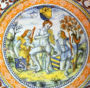 Italienischer Irdenware-Teller zeigt Pan, der zwei Hirten pfeift von Maestro Benedetto