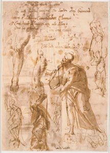 Zwei Blätter aus einem Skizzenbuch. Sechs Studien für stehende Figuren, zwei Studien für Beine, drei Skizzen für Füße und ein Kopf von Maganza