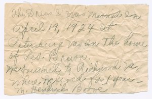 Handschriftliche Notiz von Magdalene Hendricks Boozé, Mitte des 20. Jahrhunderts