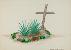 Kindergrab mit Holzkreuz - Flaschendekorationen, ca. 1937 von Majel G. Claflin