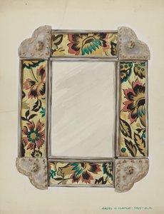 Spiegel, gerahmt mit Tapetenpaneelen, eingefasst in Zinn, ca. 1938 von Majel G. Claflin