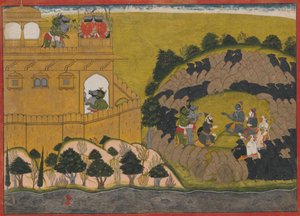 Rama befreit die Dämonenspione Shuka und Sarana: Folio aus der Serie Belagerung von Lanka von Manaku