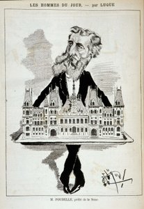 Karikatur von M. Poubelle, Präfekt der Seine, der das Rathaus von Paris auf einem Tablett trägt - Zeichnung von Luque, in „La Caricature“ vom 13.08.1887