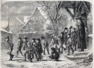 Schulausgang im Winter. Gravur nach einem Gemälde von M. B. Vautier in „The Illustrious Universe“