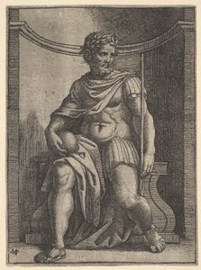Ein römischer Kaiser sitzt in einer Nische, hält einen Globus und ein Zepter und schaut nach..., ca. 1500-1534