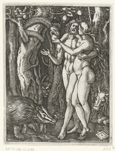 Adam und Eva beim Sündenfall im Paradies von Marcantonio Raimondi