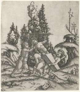 Amor und zwei Putti oder Kinder tragen eine Statue von Putti mit geflügeltem Anker auf einem Sockel