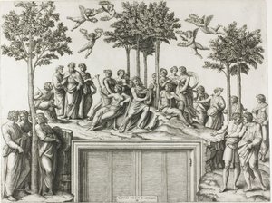 Apollo auf dem Parnass, umgeben von den Musen und Dichtern von Marcantonio Raimondi