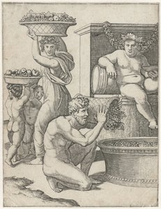 Bacchus schaut zu, wie ein Mann und eine Frau und zwei Kinder Körbe mit Trauben für die Weinherstellung tragen