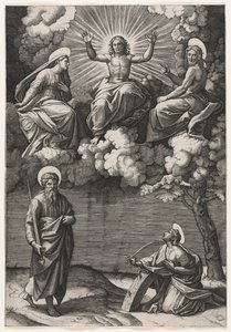 Christus, die Jungfrau und Johannes der Täufer mit den Heiligen Paulus und Katharina, ca. 1520-1525 von Marcantonio Raimondi