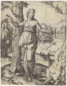 Dido tötet sich selbst mit einem Dolch neben dem Scheiterhaufen von Marcantonio Raimondi