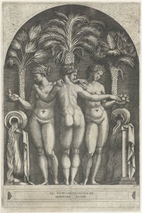 Drei Grazien stehend in einer Nische vor drei Palmen und flankiert von Krügen, aus denen Wasser fließt von Marcantonio Raimondi
