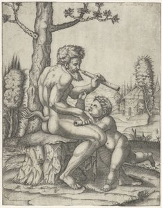 Faun mit Flöte spielt mit Kind