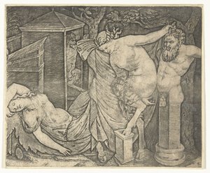 Fragment eines Bacchanals mit Satyrfrau und Herm und schlafender Bacchantin von Marcantonio Raimondi