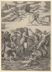 Galatea steht in einem Wasserwagen, gezogen von zwei Delfinen, umgeben von Tritonen, Nereiden..., 1515-16 von Marcantonio Raimondi
