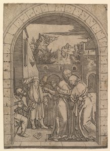 Joachim umarmt die heilige Anna unter dem goldenen Tor in Jerusalem, nach Dürer, ca. 1500-1534 von Marcantonio Raimondi