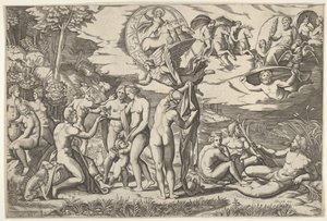 Urteil des Paris: Paris streckt seine Hand nach Venus aus, die zwischen Juno und..., ca. 1520-50 von Marcantonio Raimondi