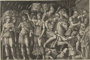 Kaiser Trajan von Victoria gekrönt, steht neben weiblicher Personifikation von Rom und Römer im Kampf mit Daciern von Marcantonio Raimondi
