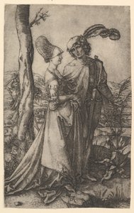 Herr und Dame spazieren mit der Figur des Todes, die sich hinter einem Baum versteckt und eine Sanduhr hält, ca. 1500-1534