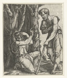 Mann kniet und wendet sich von Bettler am Waldrand ab von Marcantonio Raimondi
