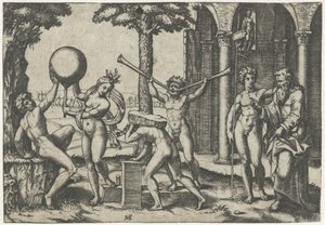 Mann mit zwei Trompeten und Mann mit Stein auf dem Rücken flankiert von Mann und Frau mit Globus und alter und junger Mann von Marcantonio Raimondi