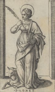 Heilige Agnes, die eine Palme in ihrer rechten Hand hält, ein Schaf unten links, ca. 1500-1527