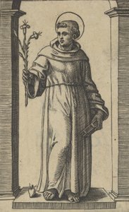 Der heilige Antonius von Padua stehend, Lilien in seiner erhobenen rechten Hand, ein Buch in seiner Hand