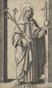 Heilige Katharina von Siena, stehend, Blumen und Buch in ihrer rechten Hand haltend, ca. 1500-1527