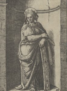 Heilige Katharina, die in einer Nische steht und sich auf ein Rad stützt, ihr Folterinstrument