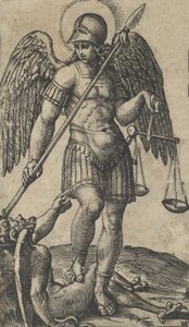 Heiliger Michael mit Waage und Lanze, ein Dämon unter ihm, aus der Serie 