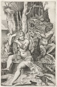 Satyr beobachtet eine Nymphe bei ihrer Toilette von Marcantonio Raimondi
