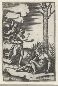 Schlafender Mann und Nymphe von Amor verfolgt von Marcantonio Raimondi