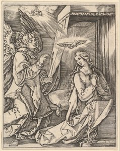 Die Verkündigung, links nähert sich der Erzengel Gabriel der betenden Jungfrau..., ca. 1500-1534 von Marcantonio Raimondi