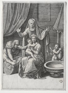 Die Jungfrau und die Wiege mit der heiligen Elisabeth und der heiligen Anna von Marcantonio Raimondi