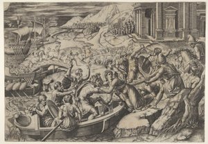 Die Entführung der Helena, Kampfszene an einem Ufer mit zwei Männern, die Helena in ein Boot ziehen, ca. 1520-27 von Marcantonio Raimondi