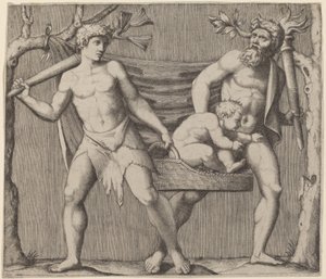Zwei Faune tragen ein Kind von Marcantonio Raimondi