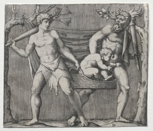 Zwei Faune tragen ein Kind in einem Korb, um 1513-1515 von Marcantonio Raimondi