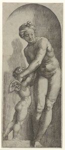 Venus und Amor stehend in einer Nische von Marcantonio Raimondi