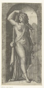 Frau als Personifikation der Vorsicht mit Schlange und Maske