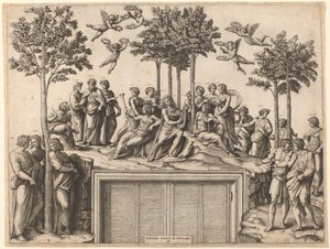 Apollo auf dem Parnass von Marcantonio Raimondi after Raphael