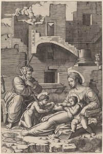 Die Heilige Familie mit dem jungen Johannes dem Täufer (Die Madonna des langen Oberschenkels)